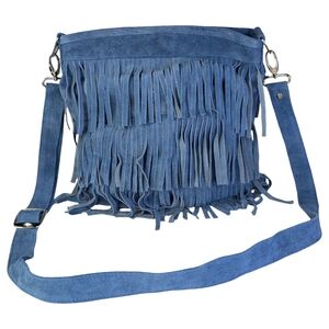 Boho Suede Fringe Crossbody Bag Blue Western Festival Hippie Leather Purse